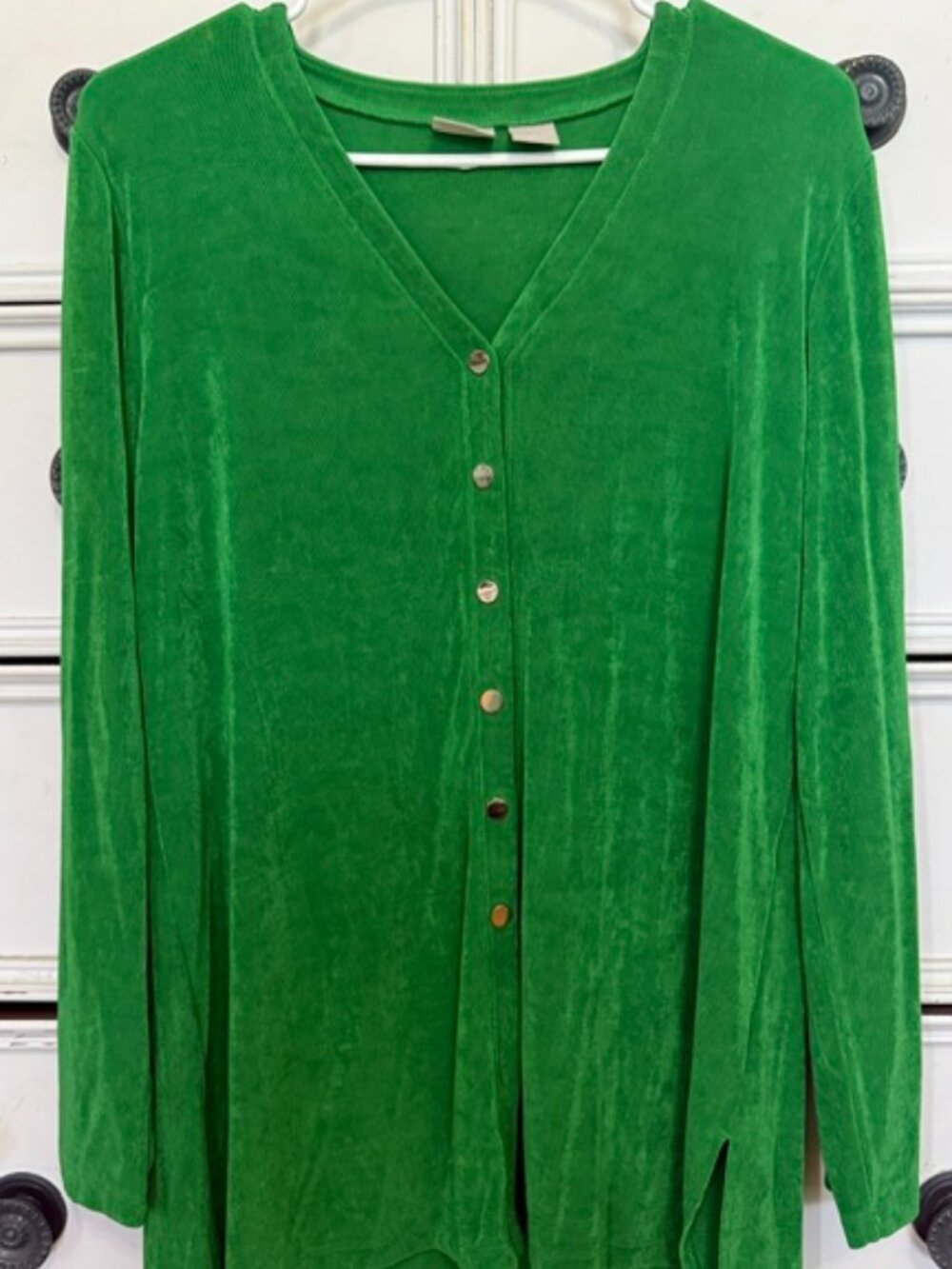 Chico's Travelers Green Acetate Long Sleeve Button Down Shirt Size 1 Medium